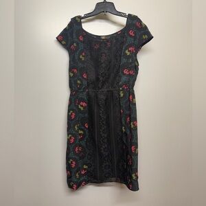 Anthropologie Tracy Reese Black Mesh Dress Pink and Green Floral Accents SIZE L